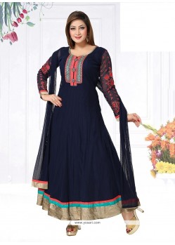 Intricate Navy Blue Patch Border Work Net Readymade Suit