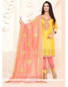 Flattering Embroidered Work Yellow Chanderi Churidar Designer Suit