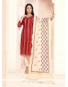 Surpassing Chanderi Maroon Lace Work Churidar Designer Suit