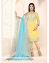 Glorious Chanderi Yellow Lace Work Churidar Designer Suit