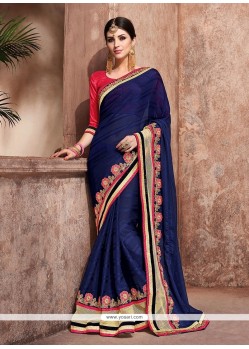 Navy Blue Embroidered Work Faux Chiffon Designer Traditional Sarees