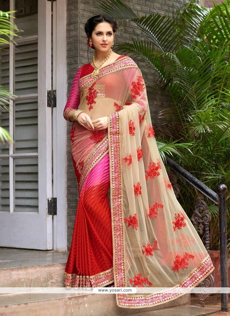 Buy Hot Pink And Red Embroidered Work Net Classic Saree | Wedding Sarees