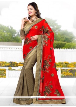Beige And Red Georgette Party Wear Saree