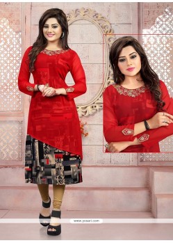 Exciting Embroidered Work Georgette Red Party Wear Kurti