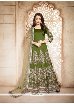 Charming Embroidered Work Green Banglori Silk Designer Floor Length Suit