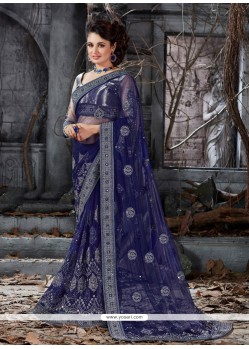 Sonorous Navy Blue Embroidered Work Traditional Saree