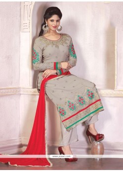 Enthralling Patch Border Work Georgette Grey And Red Designer Palazzo Salwar Suit