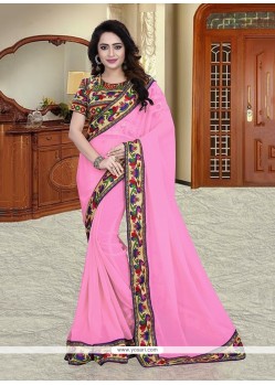 Whimsical Pink Patch Border Work Georgette Printed Saree
