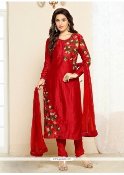 Sumptuous Cotton Red Embroidered Work Churidar Designer Suit