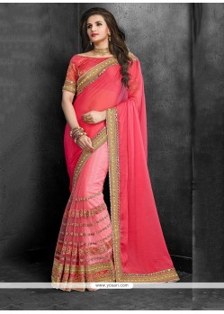 Opulent Faux Chiffon Pink Patch Border Work Traditional Saree