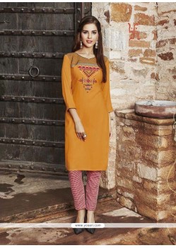 Sightly Embroidered Work Mustard Rayon Party Wear Kurti