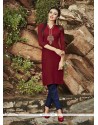 Mystic Embroidered Work Maroon Rayon Party Wear Kurti