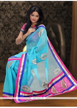 Turquoise Blue Supernet Party Wear Saree