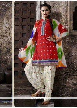 Spectacular Red Embroidered Work Cotton Punjabi Suit