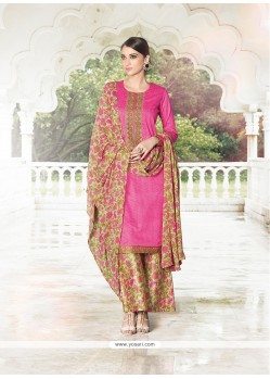 Print Cotton Satin Designer Palazzo Salwar Suit In Hot Pink