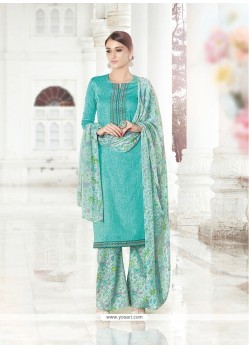 Fascinating Print Work Sea Green Cotton Satin Designer Palazzo Salwar Suit