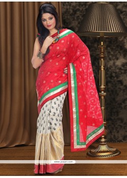 Red And Off White Chanderi Half And Half Saree