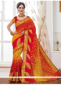 Glorious Print Work Red And Yellow Jacquard Designer Saree