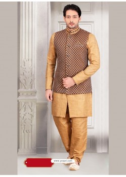 Brown Cotton Silk Pakistani Jacket Kurta Pajama With Jacket