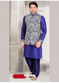 Blue Dupion Silk Indian Punjabi Jacket Kurta Pajama Set