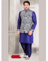 Blue Dupion Silk Indian Punjabi Jacket Kurta Pajama Set