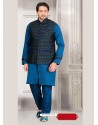 Blue Latest Punjabi Fashion Silk Kurta Pajama With Designer Jacket