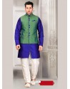Blue Eid Wear Pakistani Kurta Pajama With Green Jacket