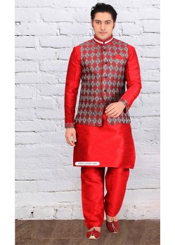 Red Ready Made Punjabi Jacket Kurta Pajama For Eid