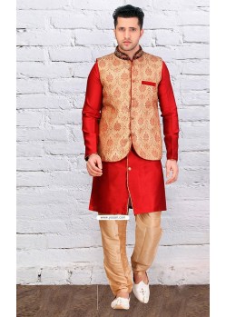 Red Designer Party Wear Indian Jacket Kurta Pajama