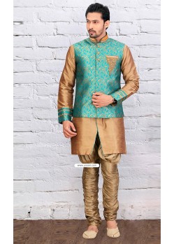Gold Indo Western Jacket Kurta Pajama In Dupion Silk