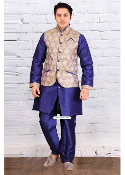 Blue Edi Wear Indian Raw Silk Kurta Pajama With Jacket