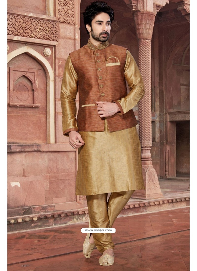 Buy Gold Color Party Wear Silk Kurta Pajama With Modi Jacket