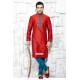 Wedding Wear Designer Indian Red Silk Kurta With Blue Pajama