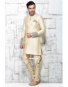Cream Designer Indian Wedding Wear Kurta Pajama In Jute Silk