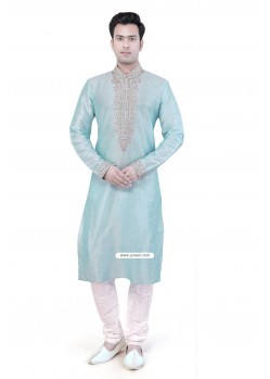 Tiffany Blue Raw Silk Designer Punjabi Kutra Pajama