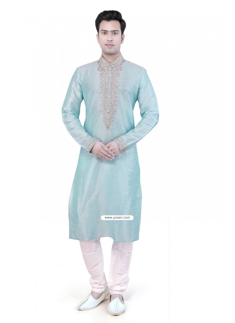 Buy Tiffany Blue Raw Silk Designer Punjabi Kutra Pajama | Kurta Pajama