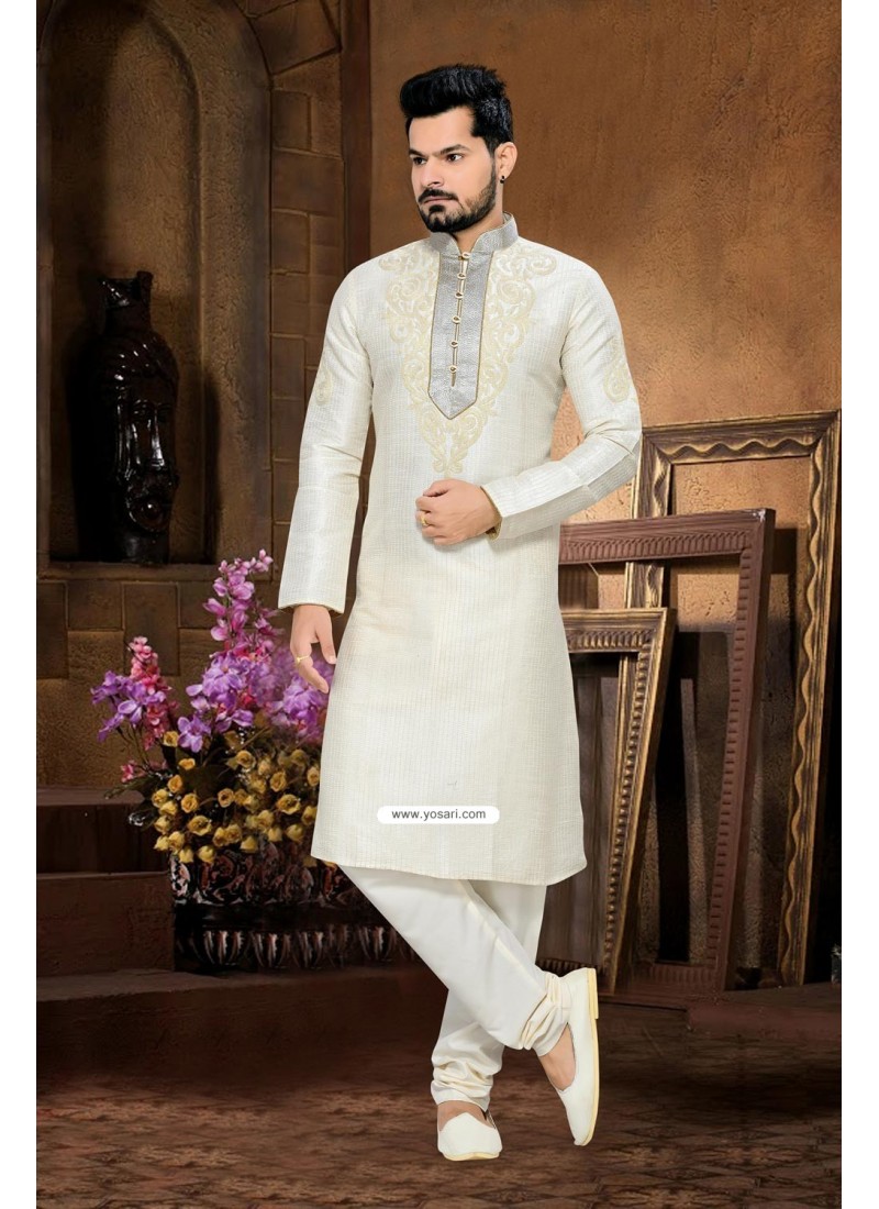 Buy Off White Punjabi Fashion Kurta Pajama In Silk And Jacquard | Kurta ...