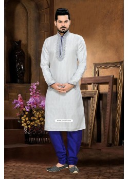 White Indian Mens Kurta Pyjama In Jacquard