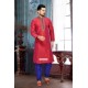 Designer Red Indian Art Silk Kurta With Blue Pajama