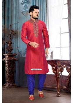 Designer Red Indian Art Silk Kurta With Blue Pajama