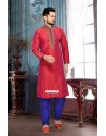 Designer Red Indian Art Silk Kurta With Blue Pajama