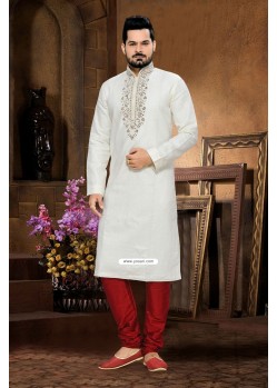 White Ethnic Indian Embroidered Kurta Pyjama In Cotton