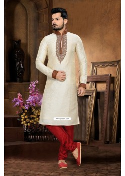 Cream Art Silk Punjabi Kurta Pajama For Men