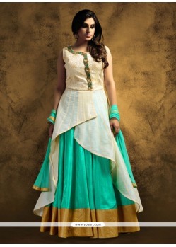 Winsome Resham Work Beige And Sea Green Anarkali Salwar Kameez