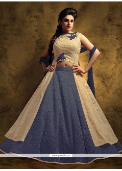 Spellbinding Beige And Blue Embroidered Work Long Choli Lehenga