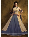 Spellbinding Beige And Blue Embroidered Work Long Choli Lehenga