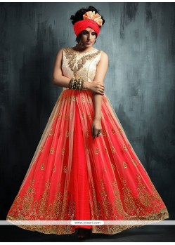 Fab Embroidered Work Beige And Peach Long Choli Lehenga