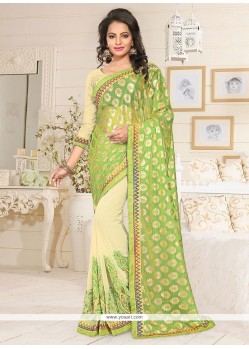 Haute Beige And Green Resham Work Lycra Designer Saree