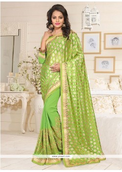 Delectable Georgette Green Lace Work Designer Saree