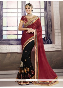 Lace Silk Half N Half Designer Saree In Black And Maroon